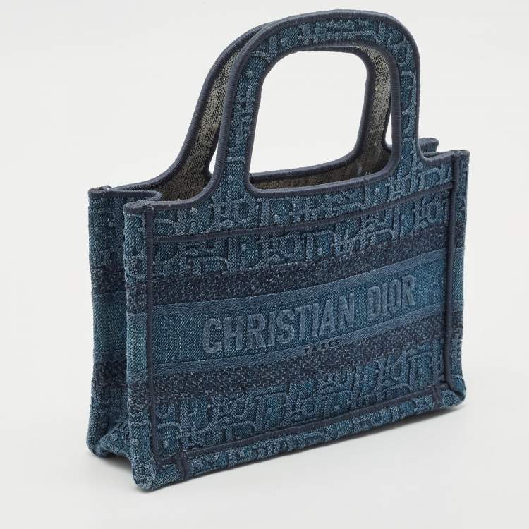 Pre Owned Dior Blue Oblique Embroidered Denim Mini Book Tote