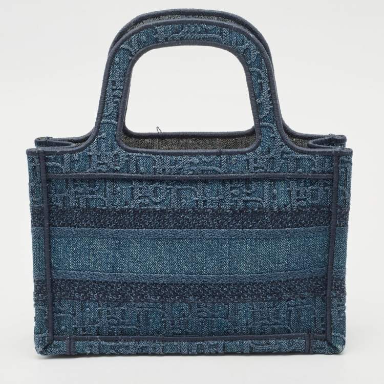 Pre Owned Dior Blue Oblique Embroidered Denim Mini Book Tote
