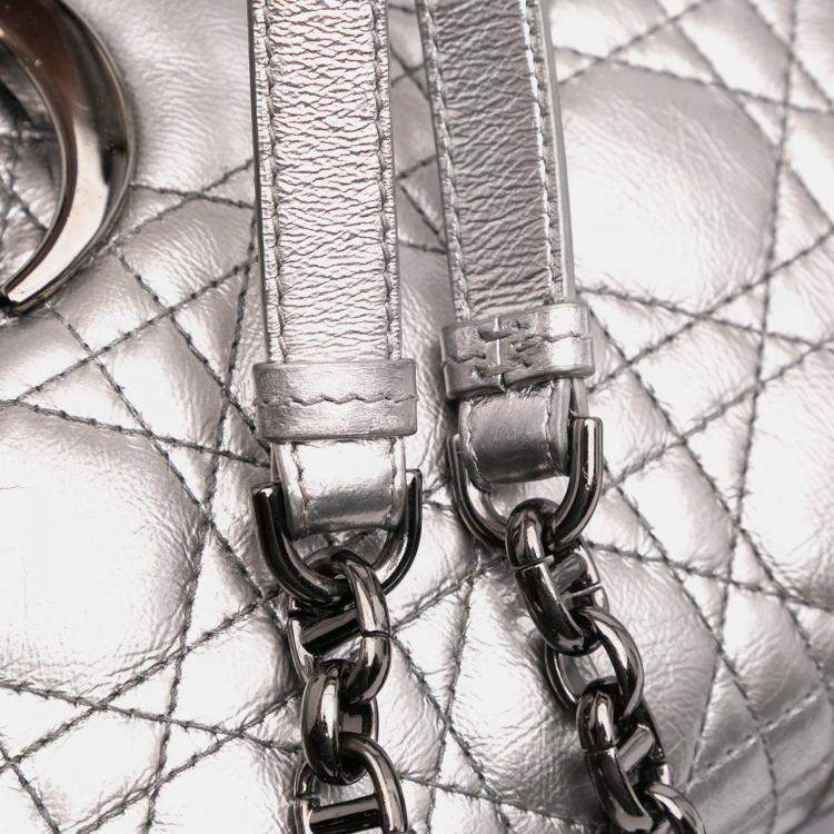 Pre Owned Dior Silver Medium Metallic Calfskin Cannage Supple Caro Bag