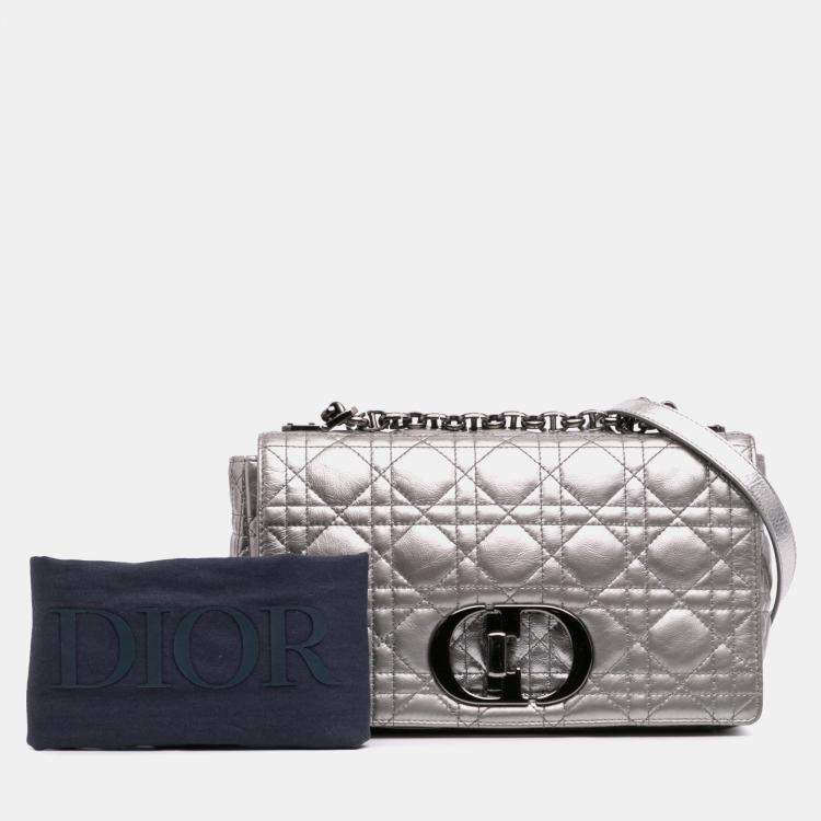 Pre Owned Dior Silver Medium Metallic Calfskin Cannage Supple Caro Bag