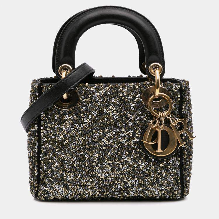 Pre Owned Dior Black Mini Satin Sequin Embroidered Lady Dior