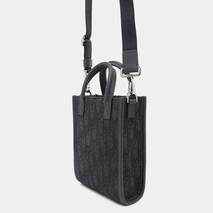 Pre Owned Dior Black Jacquard Calf Leather Mini Safari North South Tote Bag 