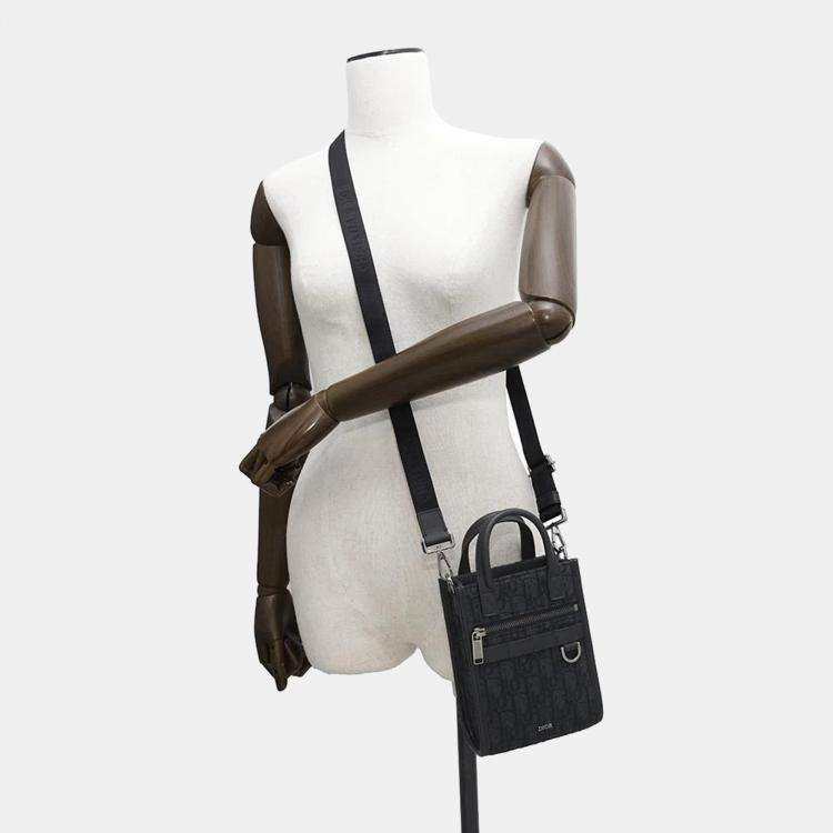 Pre Owned Dior Black Jacquard Calf Leather Mini Safari North South Tote Bag 