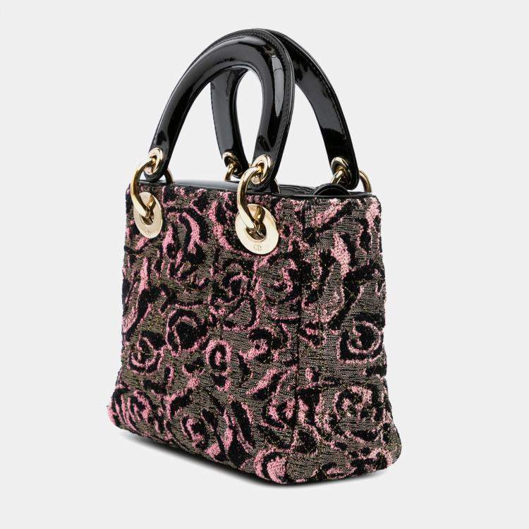 Pre Owned Dior Black Pink Mini Tweed Rose Embroidered Lady Dior
