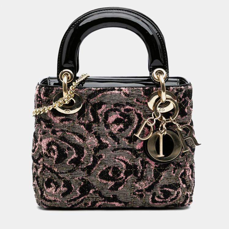 Pre Owned Dior Black Pink Mini Tweed Rose Embroidered Lady Dior