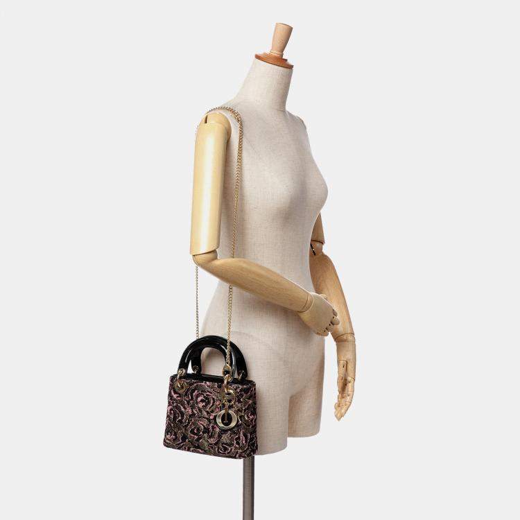 Pre Owned Dior Black Pink Mini Tweed Rose Embroidered Lady Dior