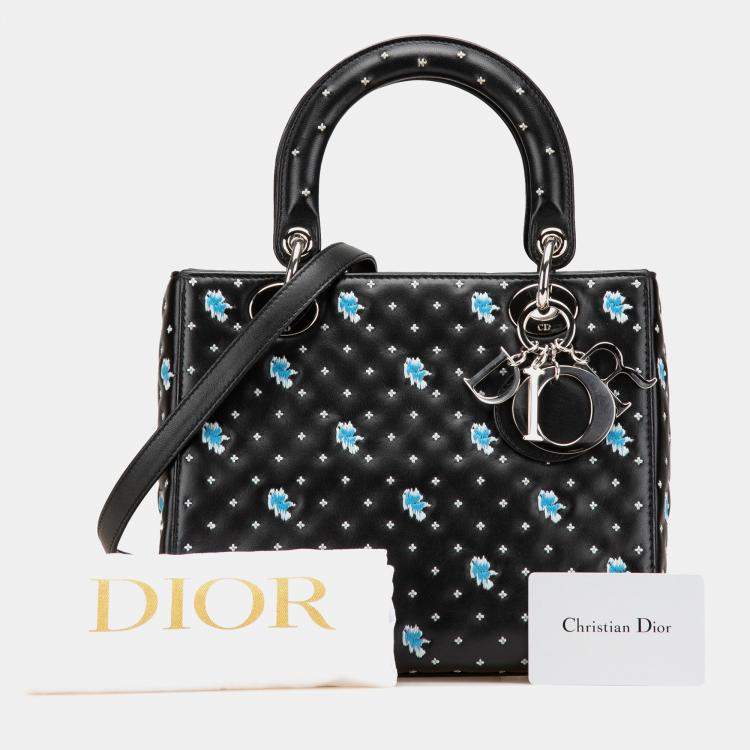Pre Owned Dior Black Medium Calfskin Embroidered Flower Lady Dior