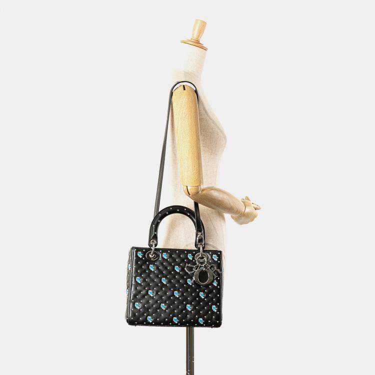 Pre Owned Dior Black Medium Calfskin Embroidered Flower Lady Dior