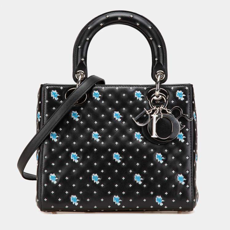 Pre Owned Dior Black Medium Calfskin Embroidered Flower Lady Dior