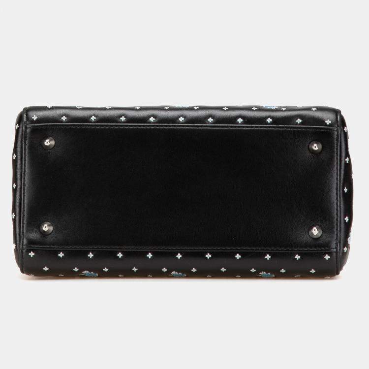 Pre Owned Dior Black Medium Calfskin Embroidered Flower Lady Dior