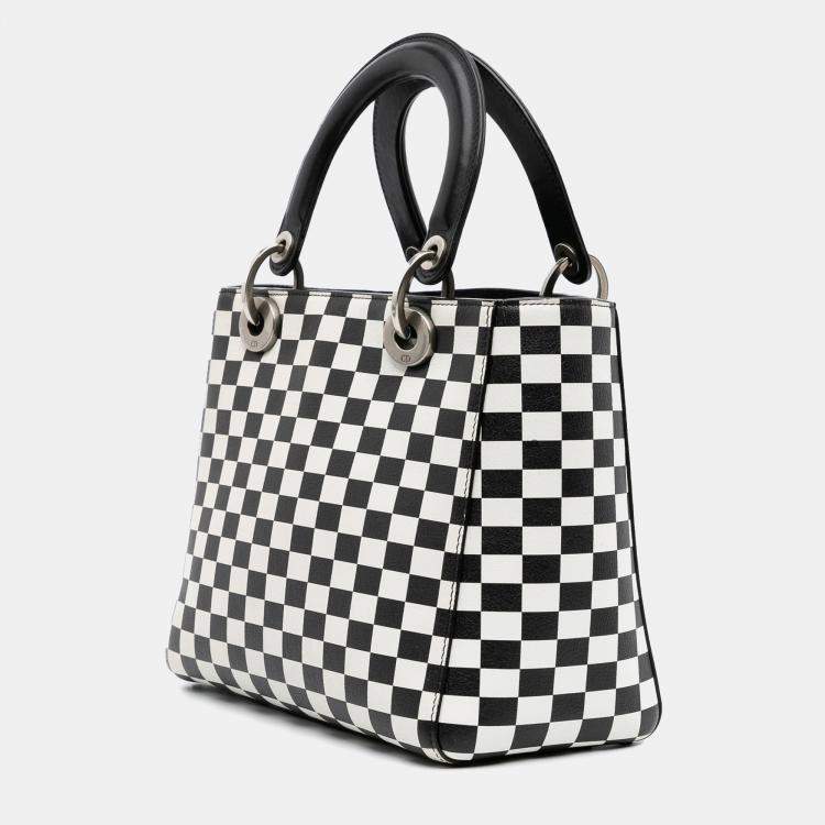 Pre Owned Dior Black/White Medium Calfskin Checkered Lady Dior