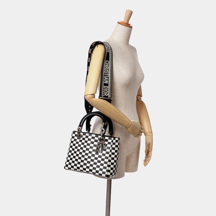 Pre Owned Dior Black/White Medium Calfskin Checkered Lady Dior