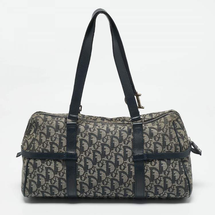 Pre Owned Dior Navy Blue Oblique Canvas and Leather Charms Boston Bag