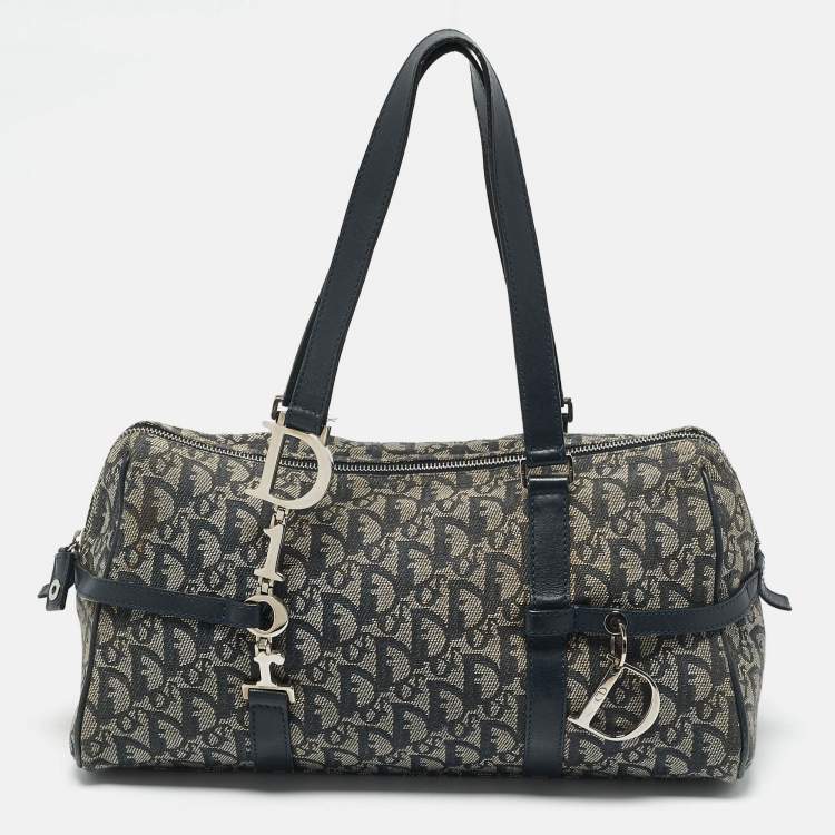 Pre Owned Dior Navy Blue Oblique Canvas and Leather Charms Boston Bag