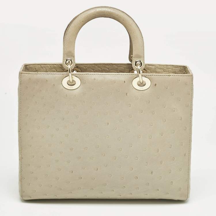 Pre Owned Dior Light Beige Ostrich Large Lady Dior Tote