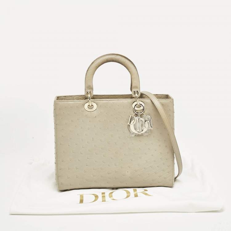 Pre Owned Dior Light Beige Ostrich Large Lady Dior Tote