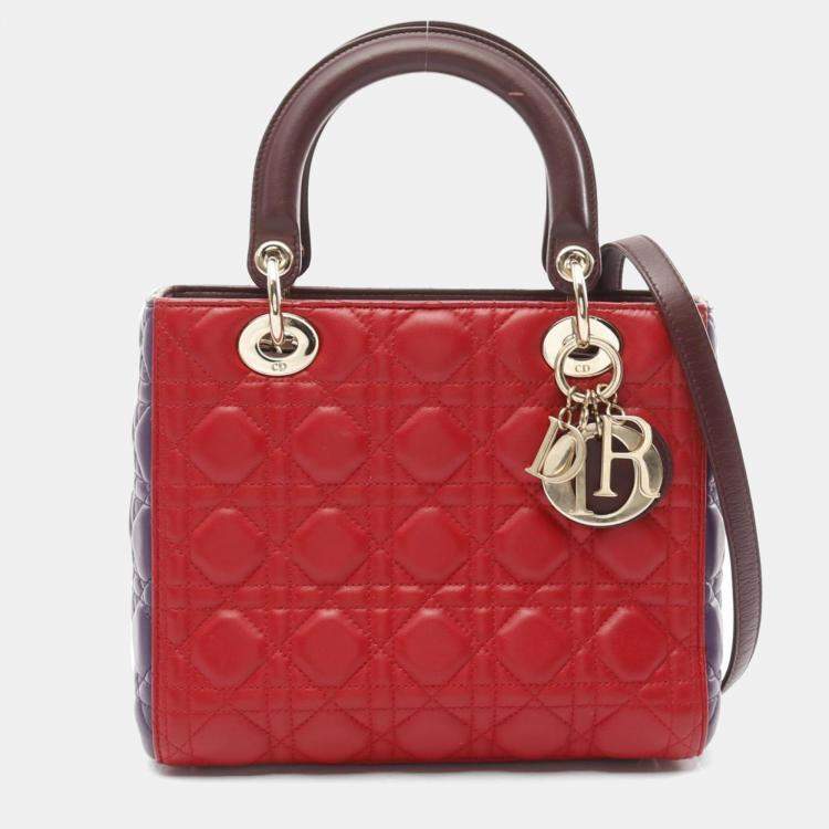 Pre Owned Dior Red Purple Bordeaux Leather Lady Dior Tote Bag