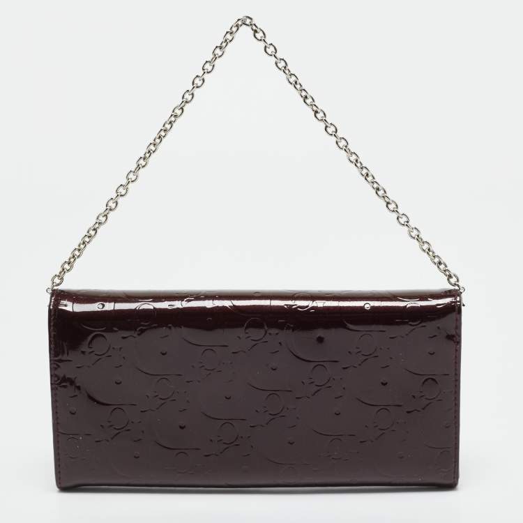 Pre Owned Dior Burgundy Oblique Patent Leather Wallet On Chain