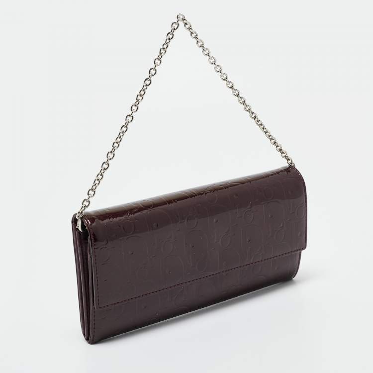 Pre Owned Dior Burgundy Oblique Patent Leather Wallet On Chain