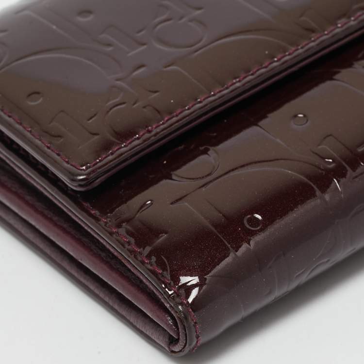 Pre Owned Dior Burgundy Oblique Patent Leather Wallet On Chain