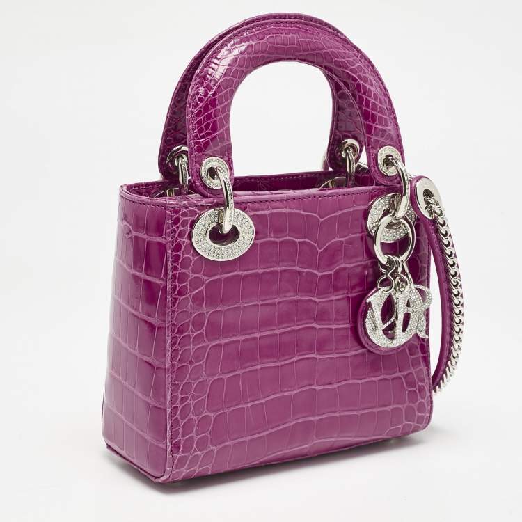 Pre Owned Dior Pink Alligator Swarovski Crystal Mini Lady Dior Tote