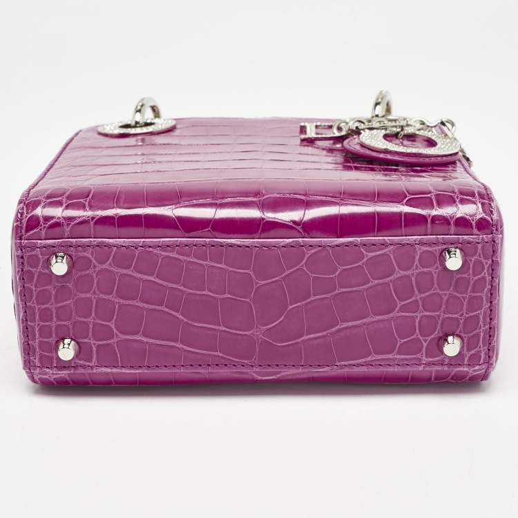 Pre Owned Dior Pink Alligator Swarovski Crystal Mini Lady Dior Tote