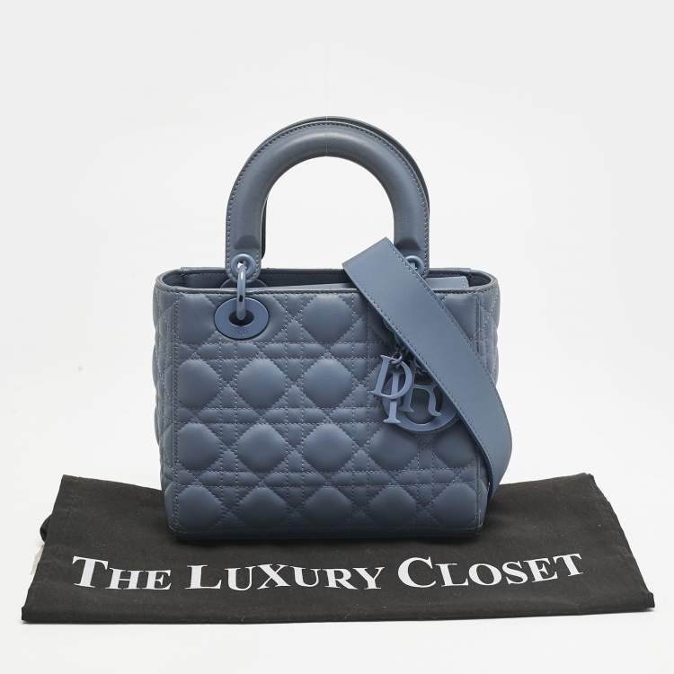 Pre Owned Dior Blue Ultramatte Cannage Leather Small Lady Dior Tote
