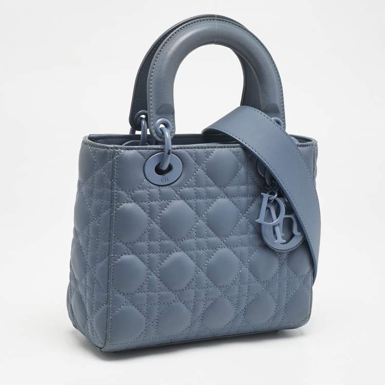 Pre Owned Dior Blue Ultramatte Cannage Leather Small Lady Dior Tote