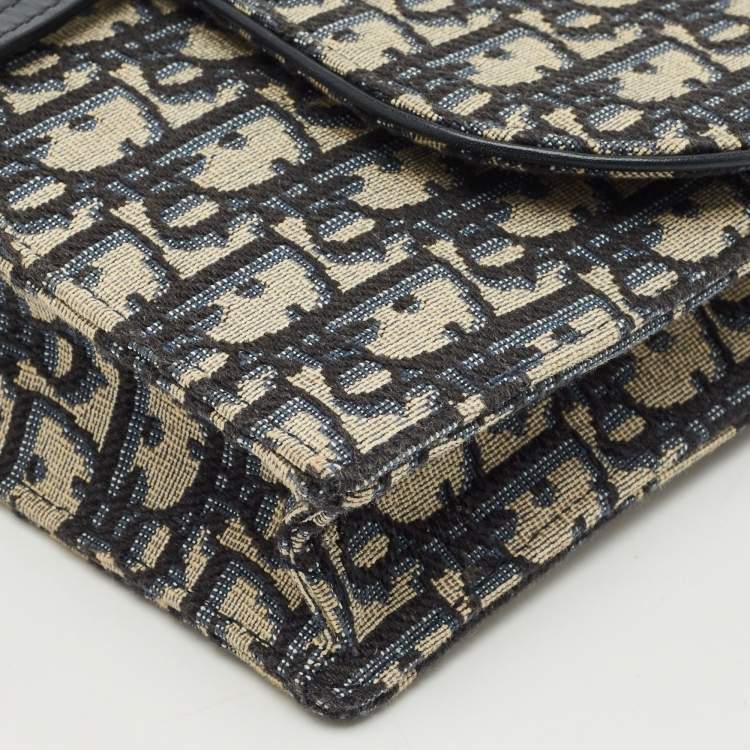 Pre Owned Dior Navy Blue/Beige Oblique Canvas Saddle Chain Pouch