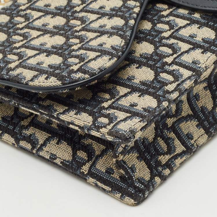 Pre Owned Dior Navy Blue/Beige Oblique Canvas Saddle Chain Pouch