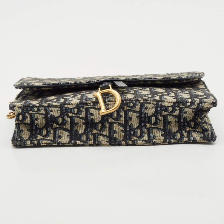 Pre Owned Dior Navy Blue/Beige Oblique Canvas Saddle Chain Pouch