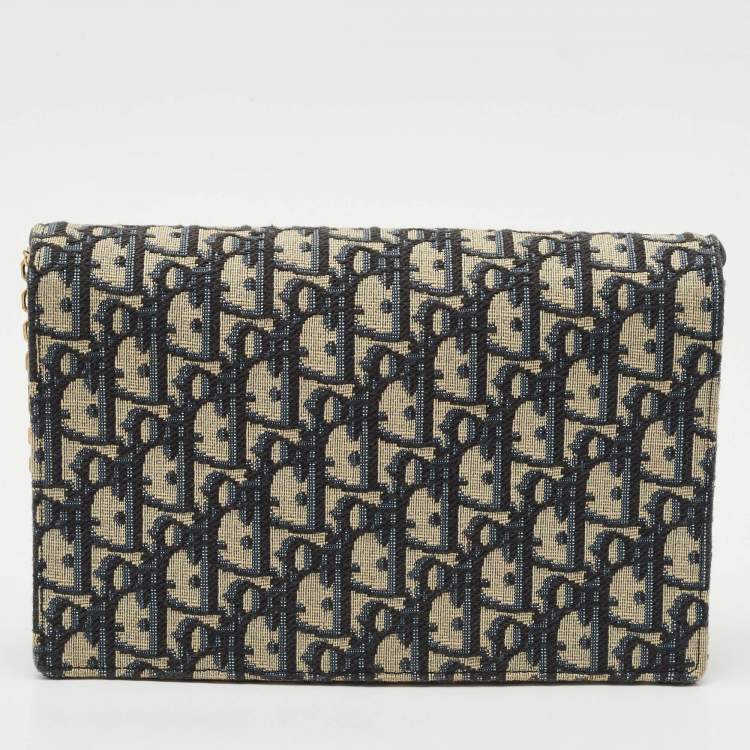 Pre Owned Dior Navy Blue/Beige Oblique Canvas Saddle Chain Pouch