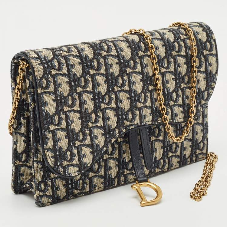 Pre Owned Dior Navy Blue/Beige Oblique Canvas Saddle Chain Pouch