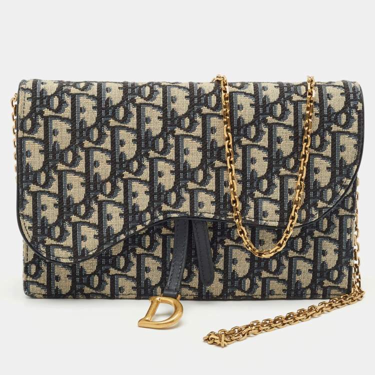 Pre Owned Dior Navy Blue/Beige Oblique Canvas Saddle Chain Pouch
