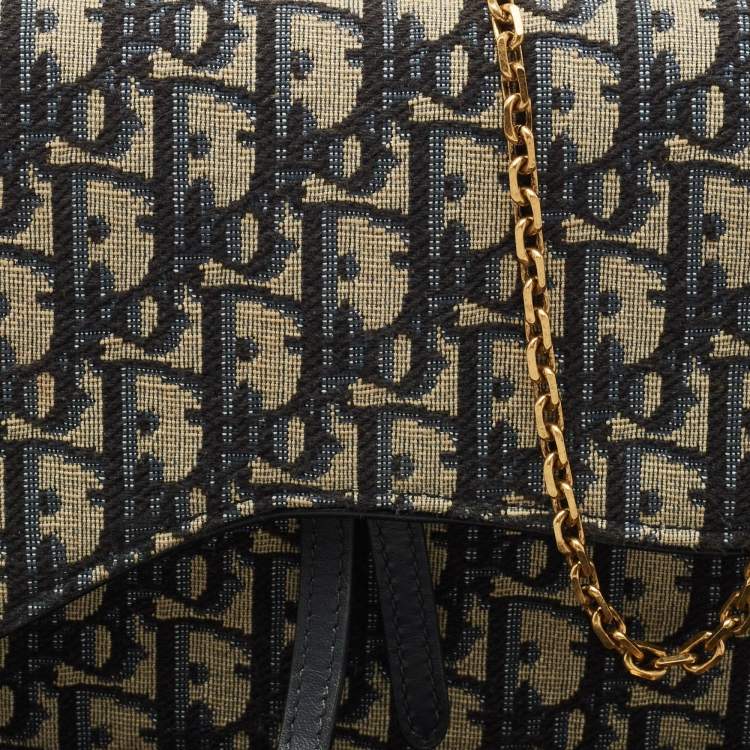 Pre Owned Dior Navy Blue/Beige Oblique Canvas Saddle Chain Pouch
