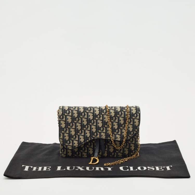 Pre Owned Dior Navy Blue/Beige Oblique Canvas Saddle Chain Pouch