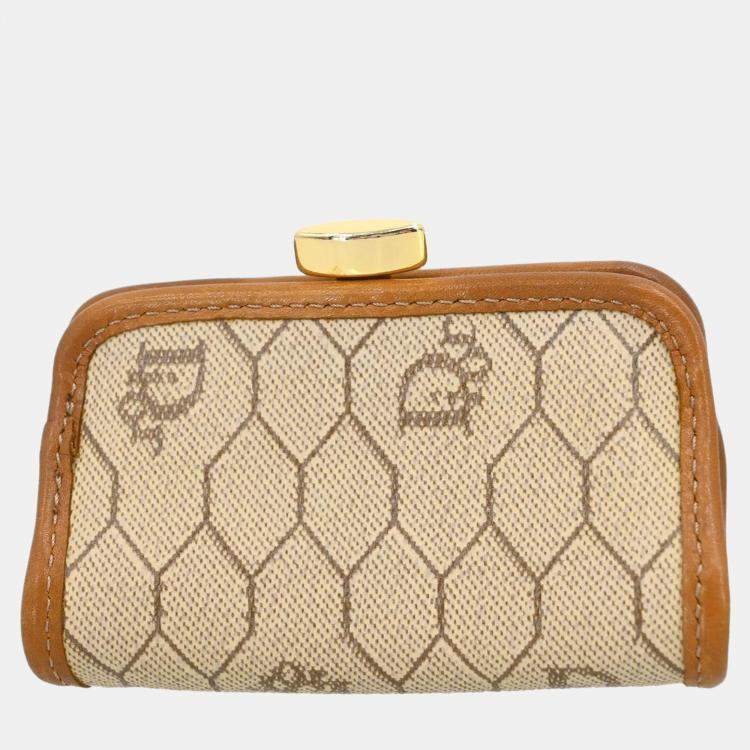 مملوكة مسبقًا Christian Dior Beige/Brown Honeycomb Pattern Coin Case Wallet