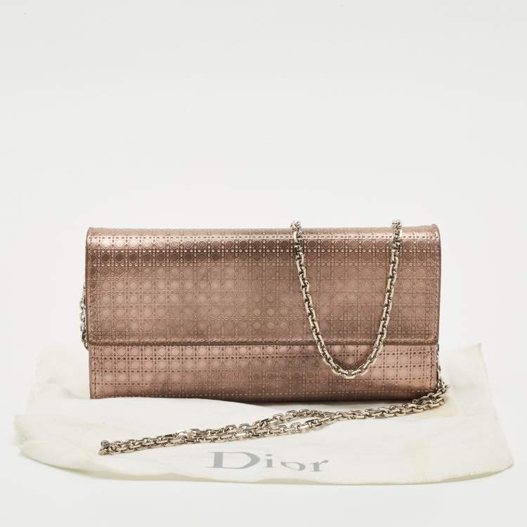 Pre Owned Dior Rose Gold Microcannage Patent Leather Lady Dior Croisiere Wallet On Chain