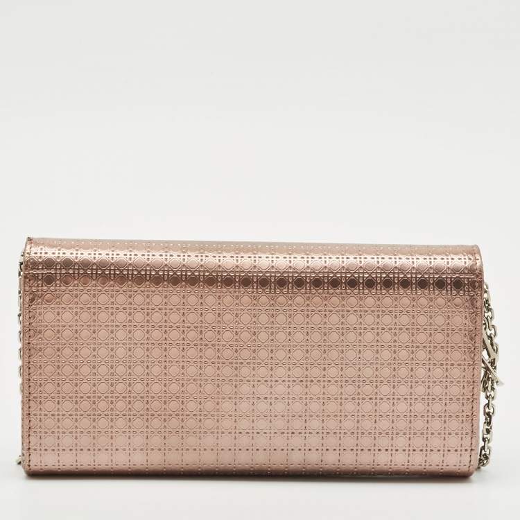 Pre Owned Dior Rose Gold Microcannage Patent Leather Lady Dior Croisiere Wallet On Chain