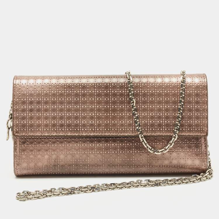 Pre Owned Dior Rose Gold Microcannage Patent Leather Lady Dior Croisiere Wallet On Chain