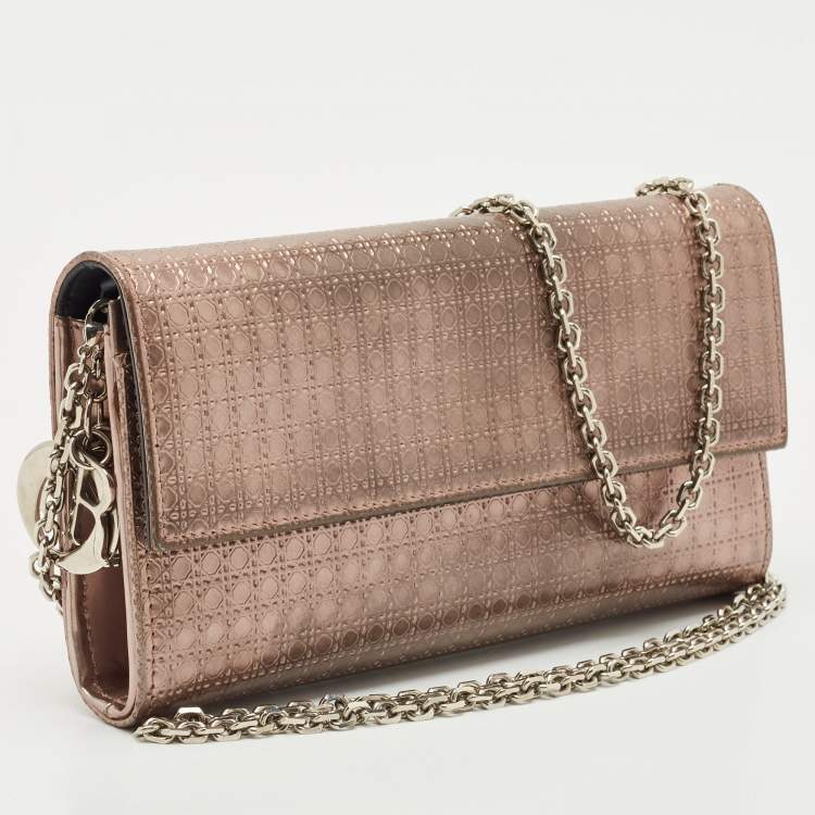 Pre Owned Dior Rose Gold Microcannage Patent Leather Lady Dior Croisiere Wallet On Chain