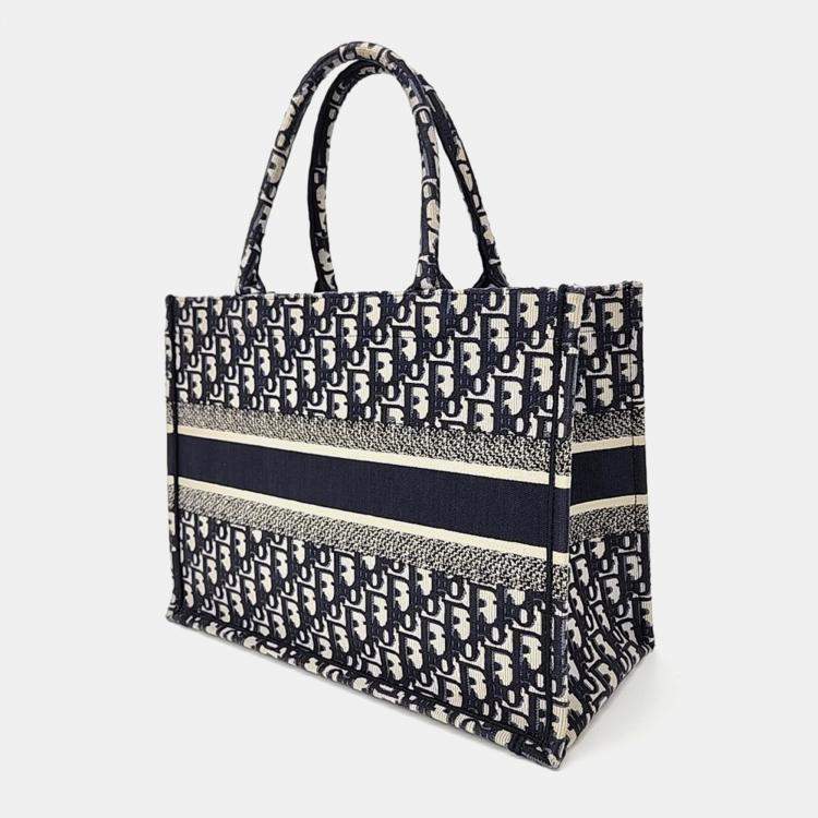 Pre Owned Dior Beige Navy Blue Fabric Oblique Book Tote Bag