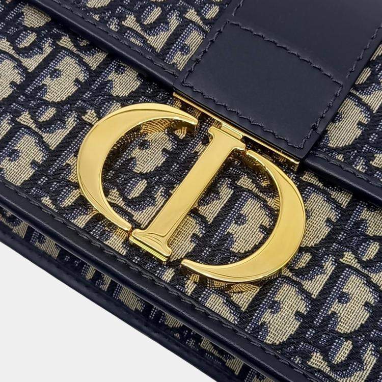Pre Owned Dior Navy Blue Calf Leather Fabric Oblique 30 Montaigne Bag