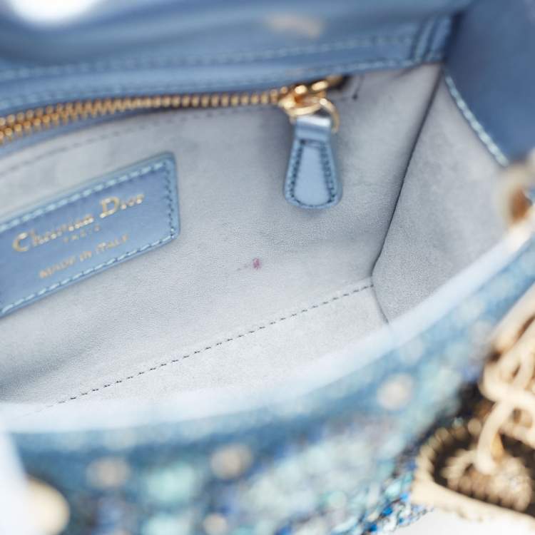 Pre Owned Dior Metallic Blue Leather and Satin Embellished Mini Lady Dior Tote