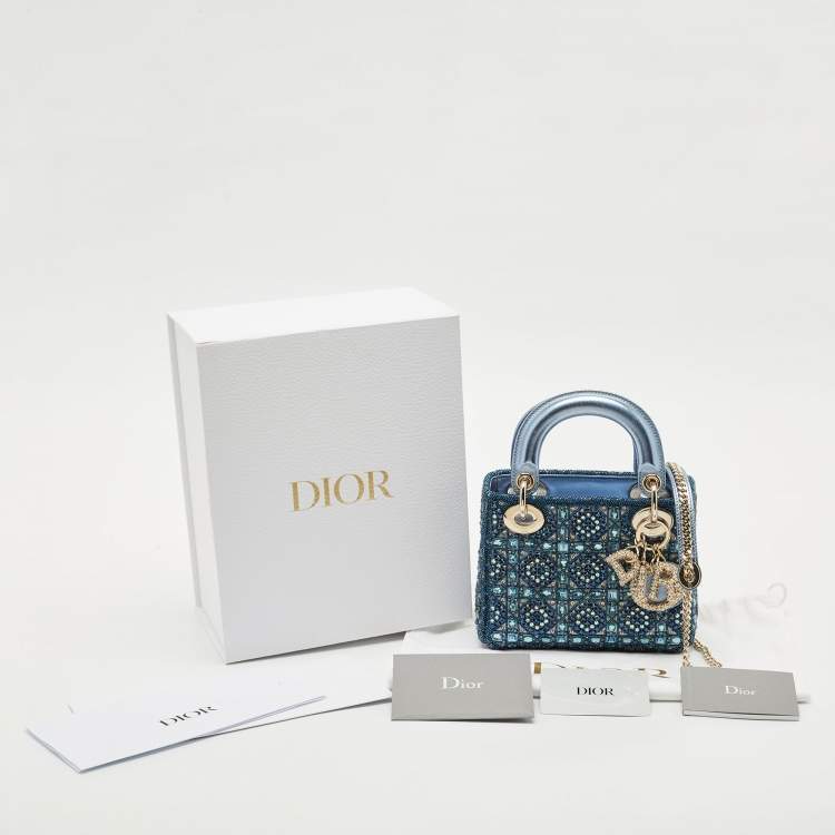 Pre Owned Dior Metallic Blue Leather and Satin Embellished Mini Lady Dior Tote
