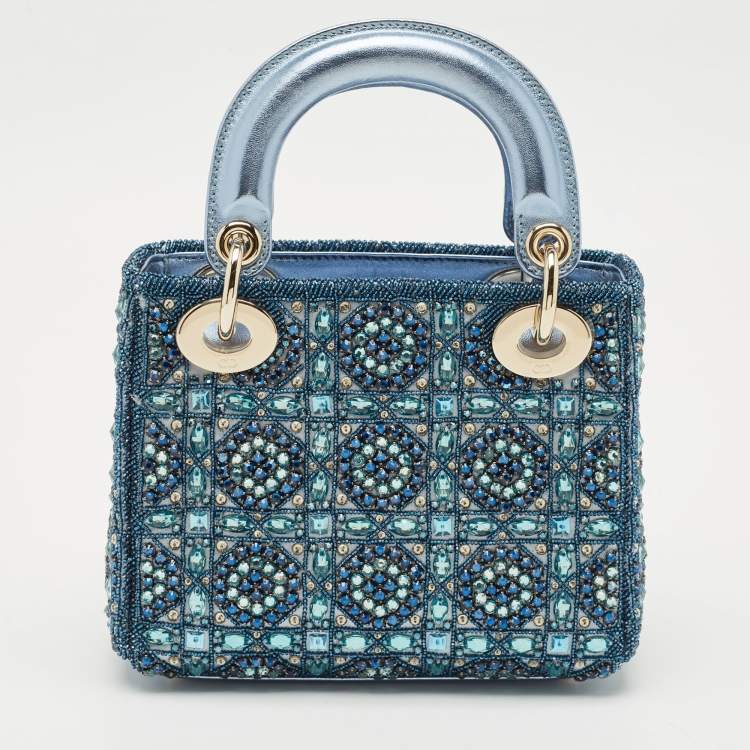 Pre Owned Dior Metallic Blue Leather and Satin Embellished Mini Lady Dior Tote