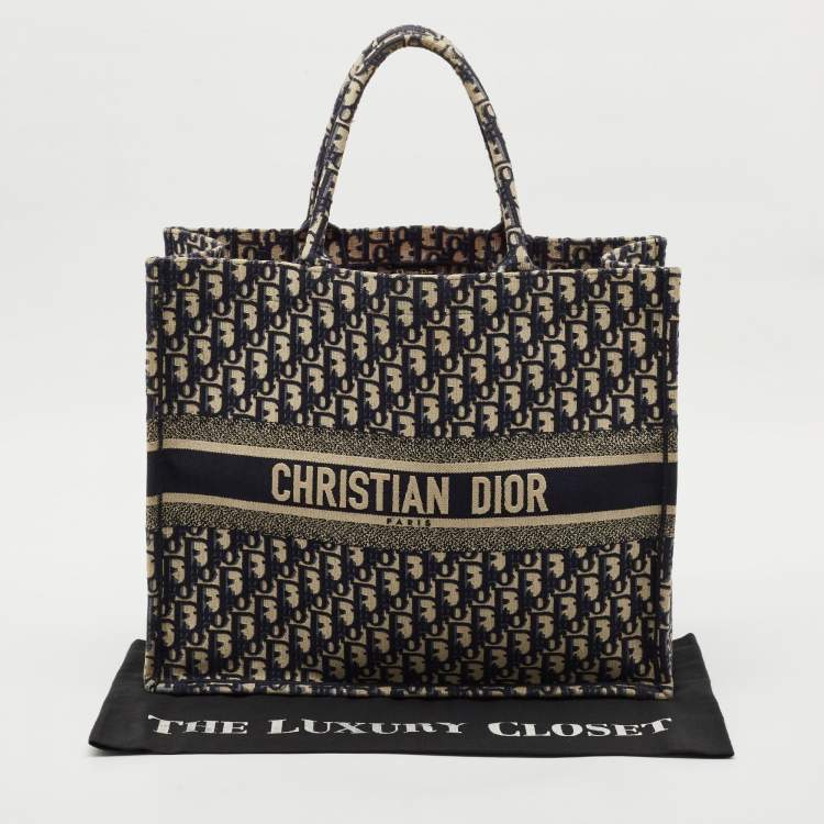 Pre Owned Dior Blue Oblique Embroidered Canvas Large Book Tote