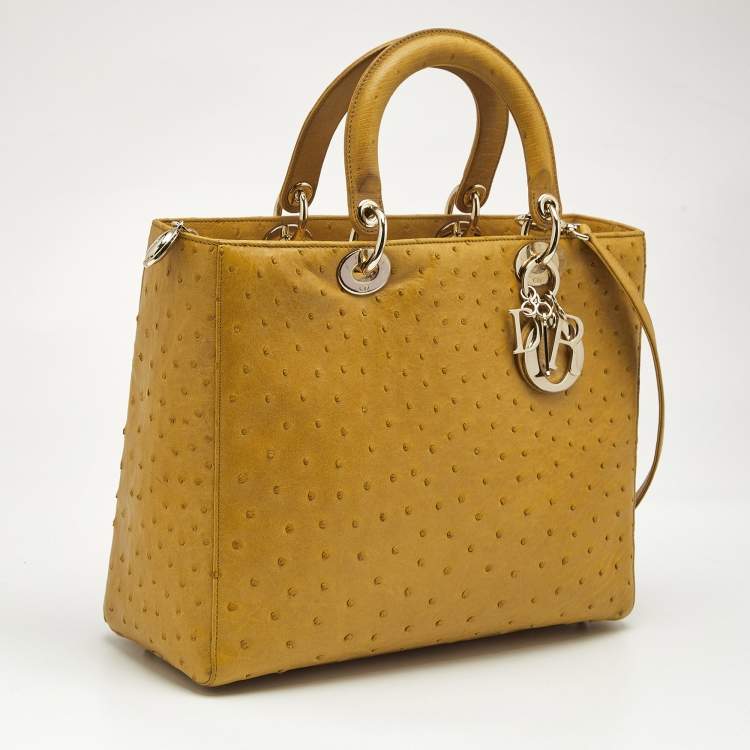 Pre Owned Dior Yellow Ostrich Leather Large Lady Dior Tote