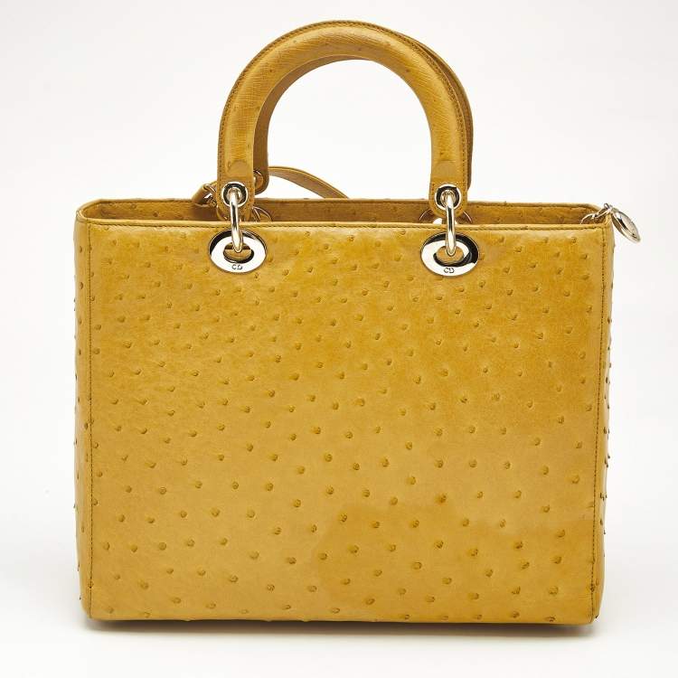 Pre Owned Dior Yellow Ostrich Leather Large Lady Dior Tote