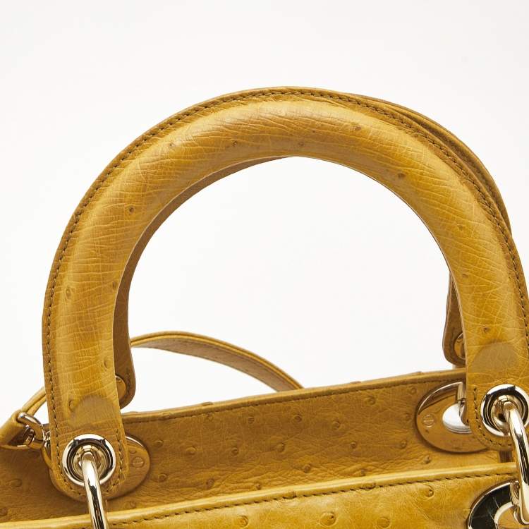 Pre Owned Dior Yellow Ostrich Leather Large Lady Dior Tote